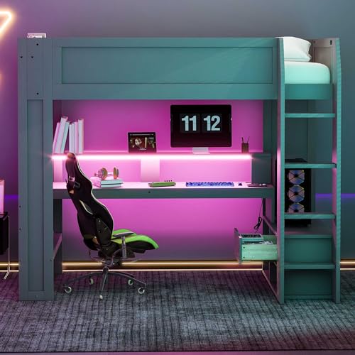 Dark Gray Wood Twin Size Gaming Loft Bed with Desk and Shelves A273908
