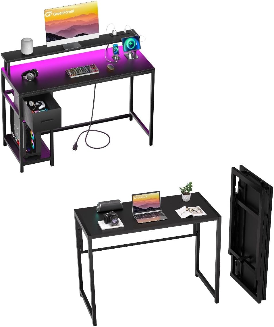 Black Folding Desk with Monitor Stand S818