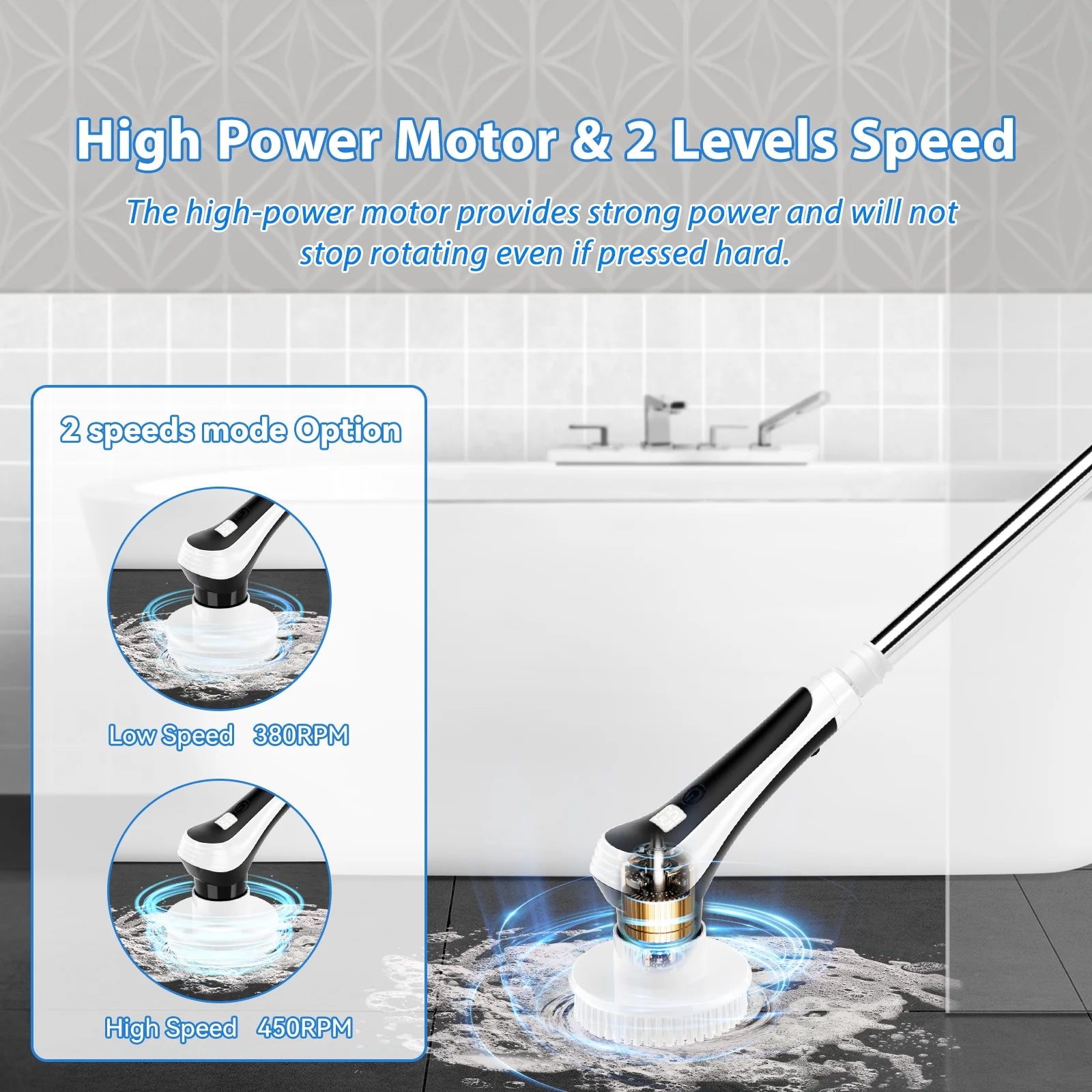 Electric Spin Scrubber with Extension Handle and 6 Replaceable Brush Heads U407202