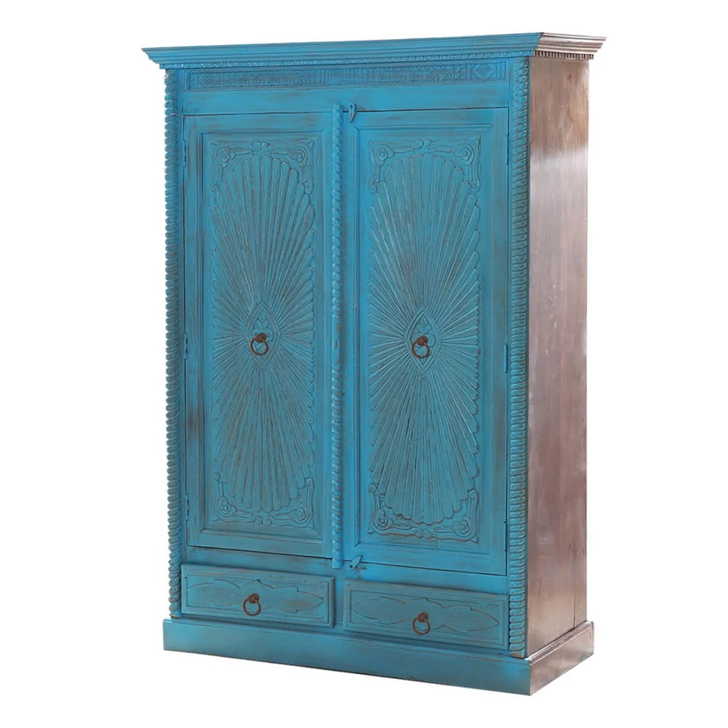 Turquoise Hand Carved Solid Wood 2 Drawer Armoire H880