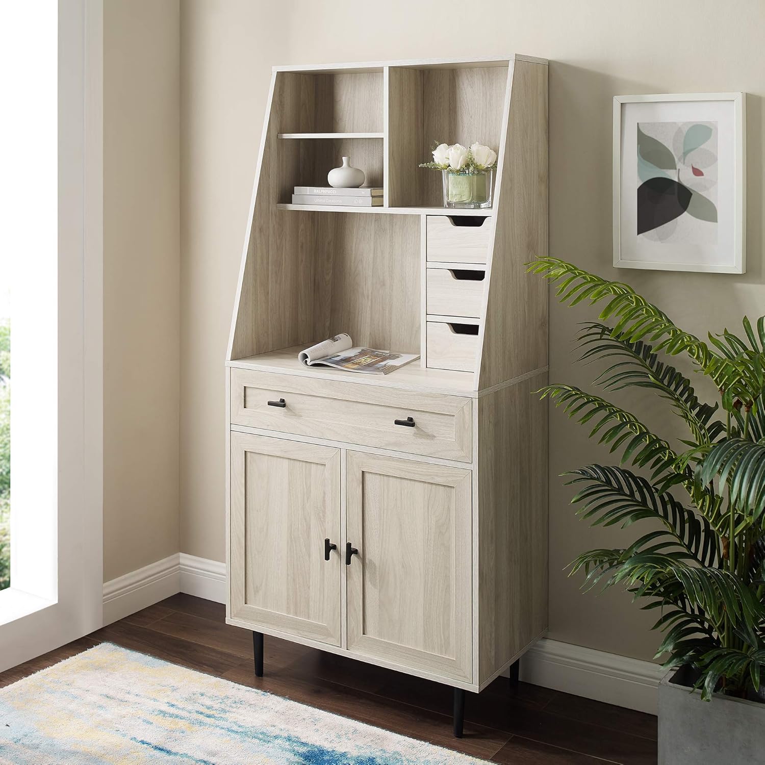 Birch Secretary Hutch Wood Desk with Keyboard Drawer Bookshelf Storage Cabinet W3455