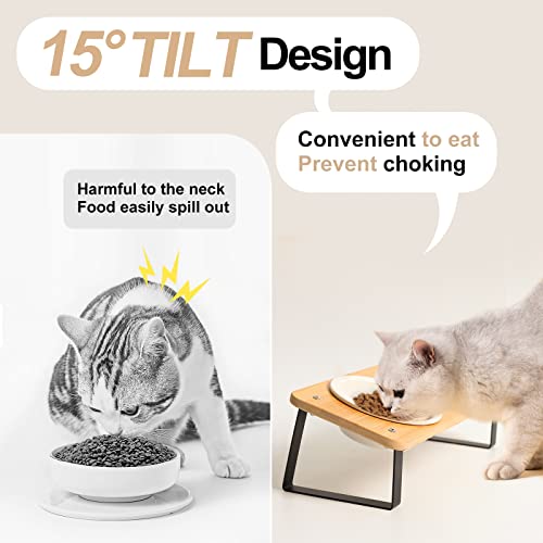 Ceramic Cat Bowl with Stand 15° Tilted Raised Cat Bowl Bamboo Cat Feeding Station K4416