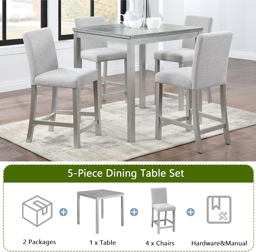 5-Piece Acacia Wood Counter Height Dining Table Set with 4 Upholstered-Seat Chairs B854