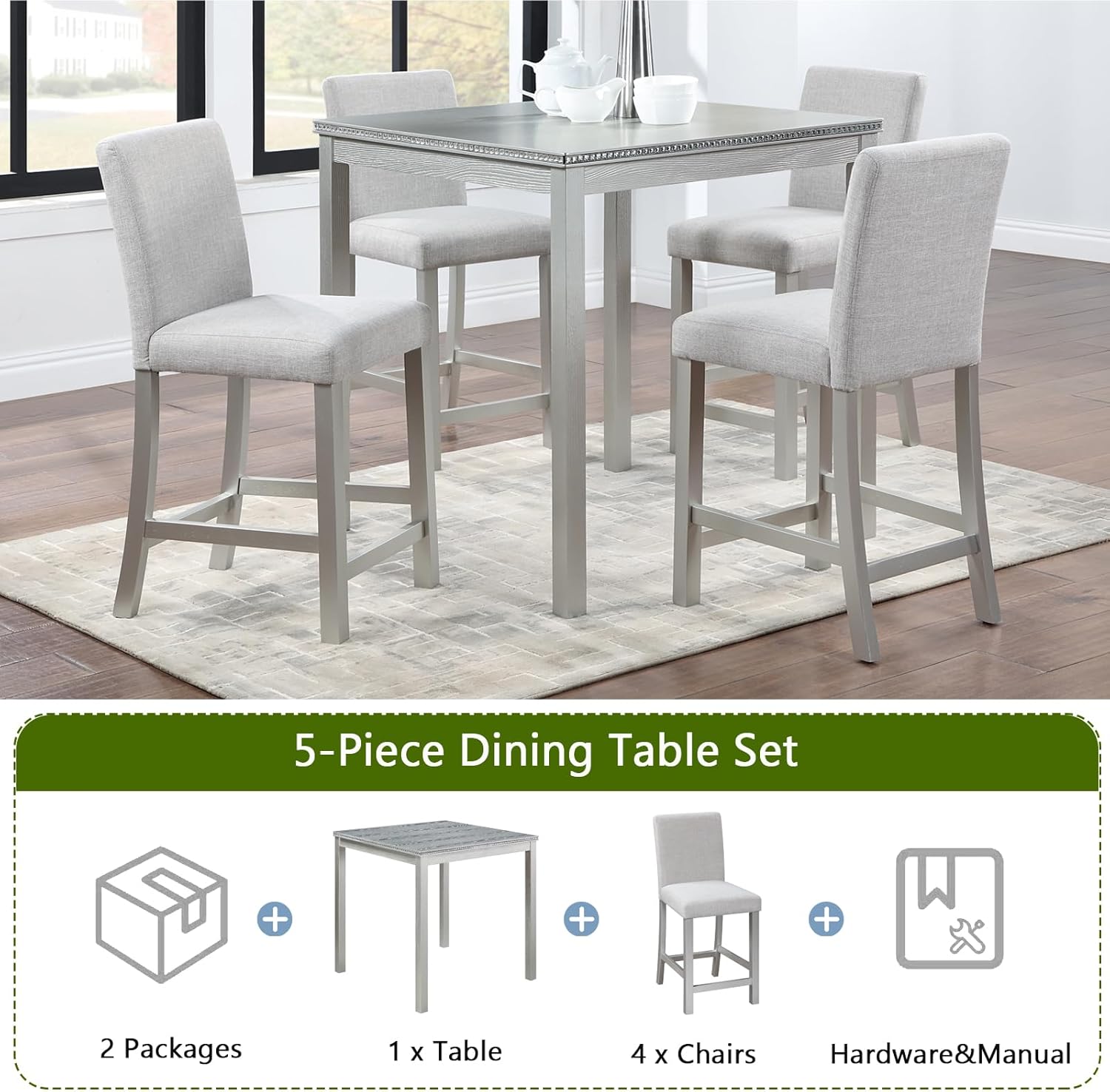 5-Piece Acacia Wood Counter Height Dining Table Set with 4 Upholstered-Seat Chairs B854