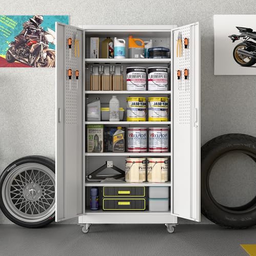 73" H Metal Storage Cabinet with Wheels and Locking Doors P646788