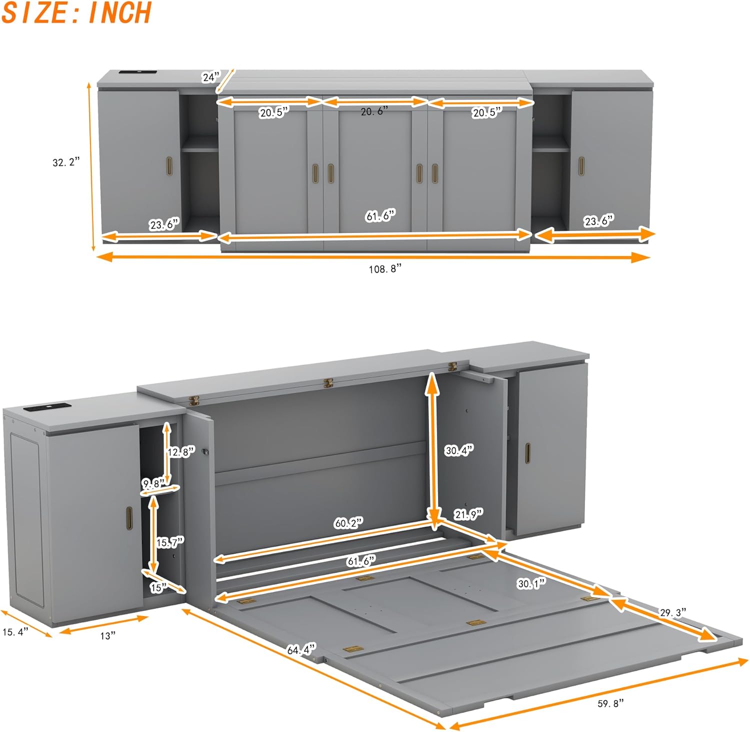 Queen Size Gray Murphy Wall Bed with Shelves and Cabinets H996205