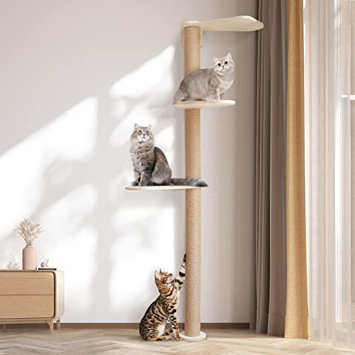 Wood Cat Tower Floor to Ceiling Adjustable with Natural Sisal Rope F77209