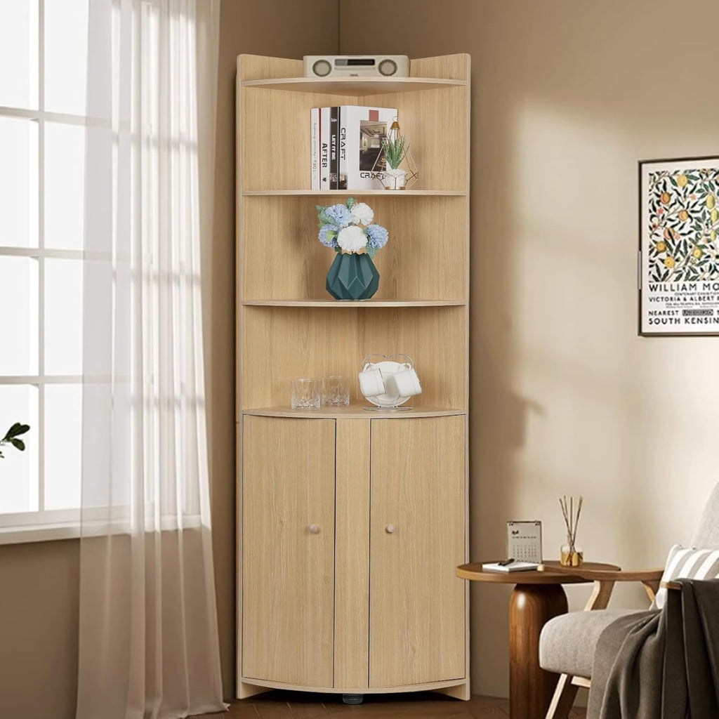 Tall Bathroom Corner Cabinet with Barn Door Design & Open Shelves N1203