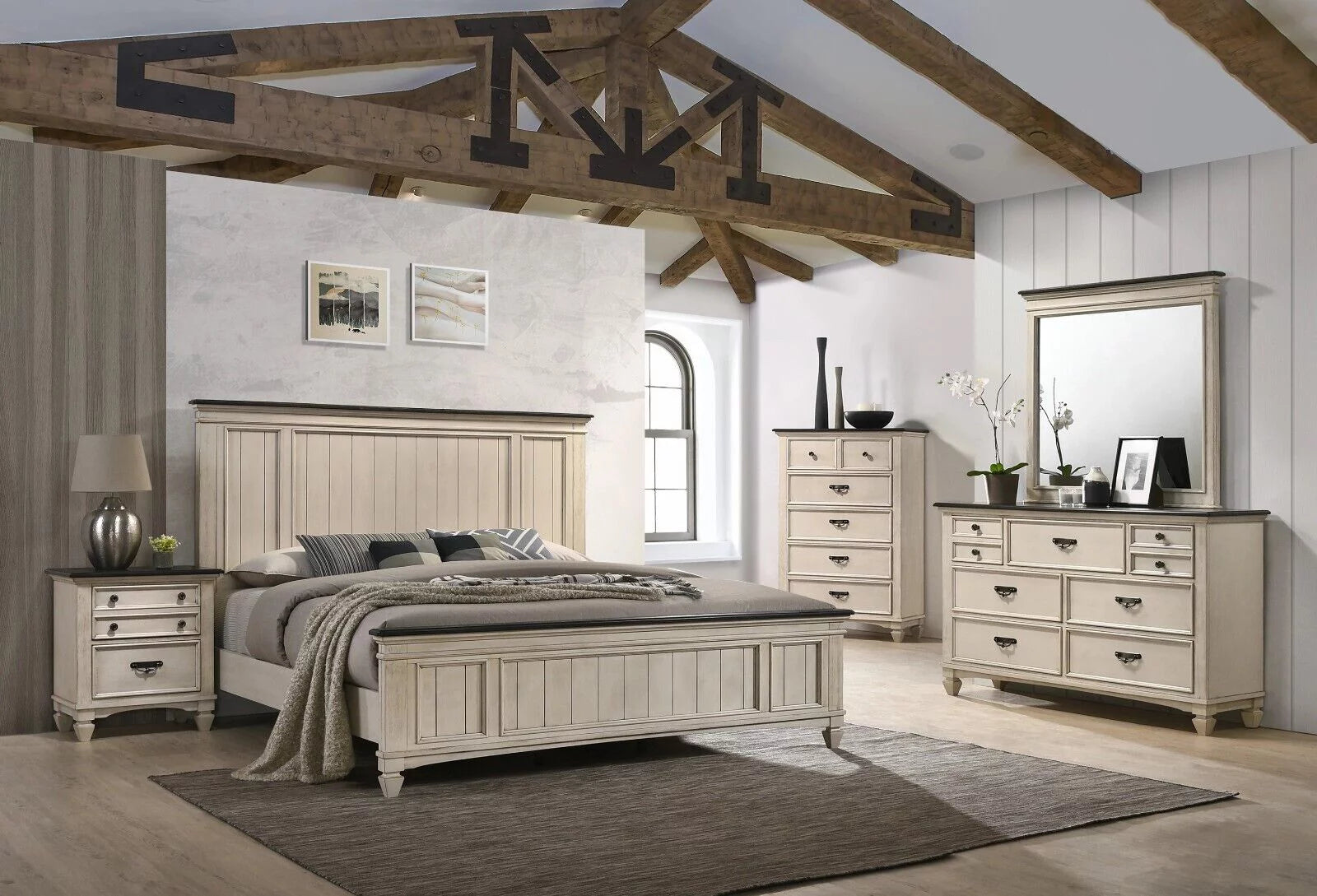 3pc Queen Size Panel Headboard Bed and 2x Nightstands Set Beige Wooden U8664