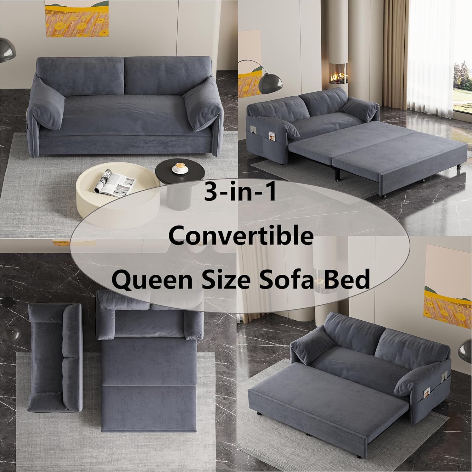 63.8" Queen Pull Out Velvet Sofa Bed with 2 Pillows C2137