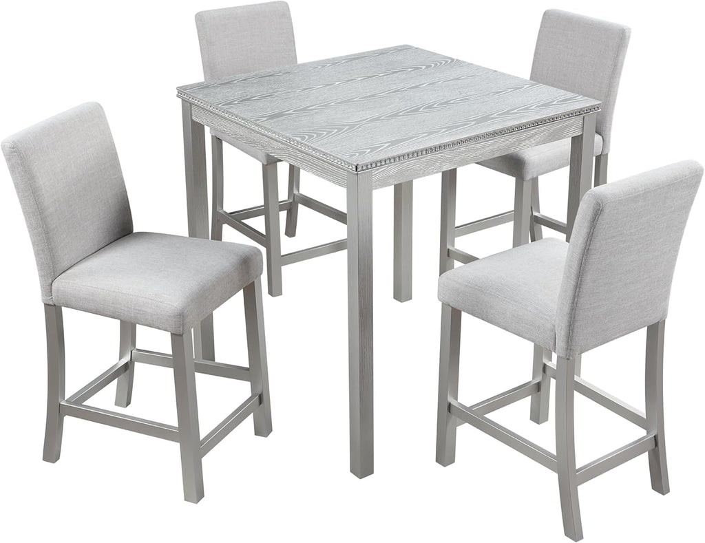 5-Piece Acacia Wood Counter Height Dining Table Set with 4 Upholstered-Seat Chairs B854