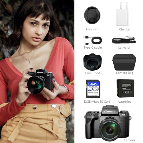 4K 64MP WiFi Touch Screen Digital Camera with Flash, 32GB SD Card, Lens Hood, 3000mAH Battery - Black K660763
