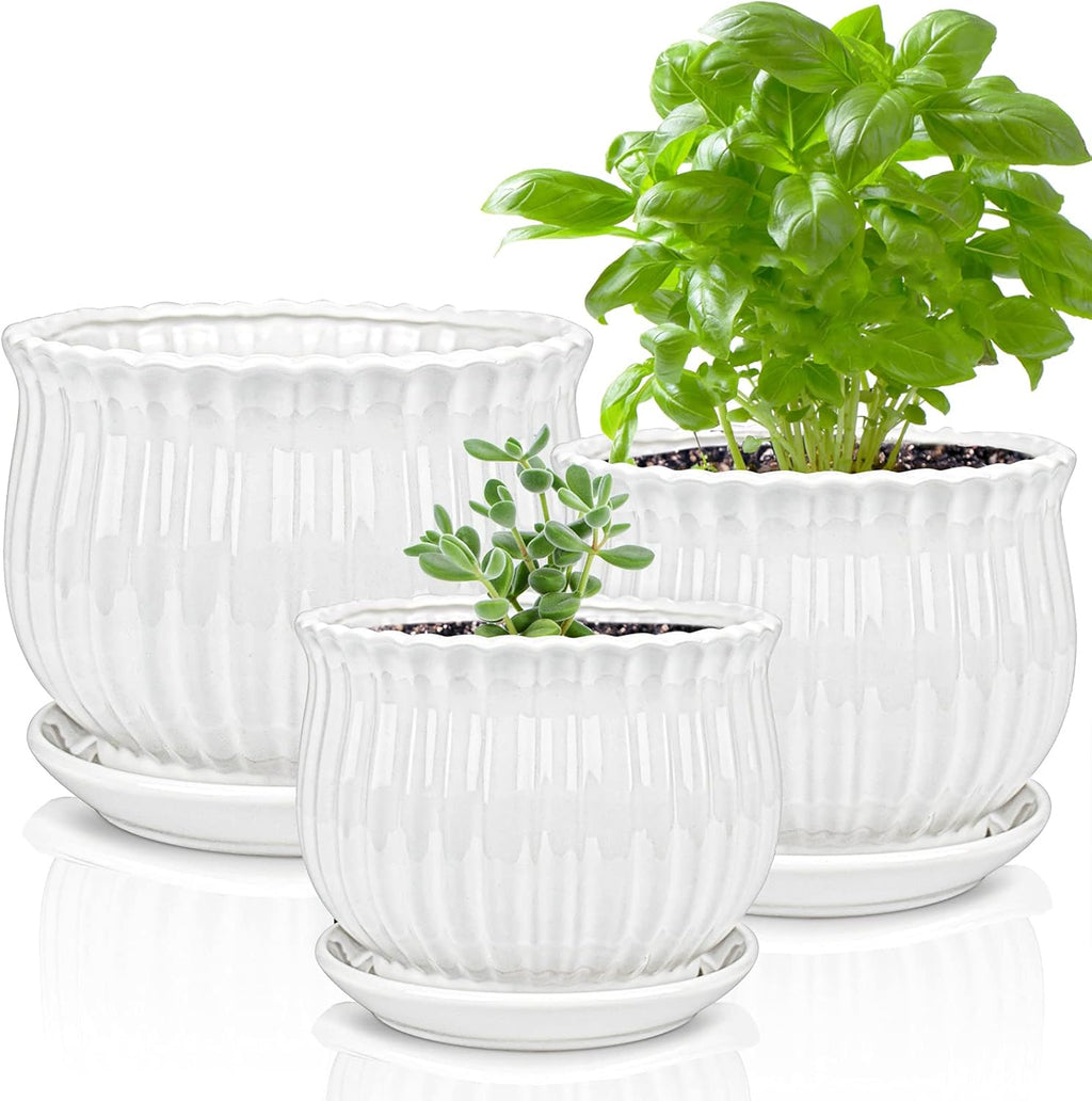 Ceramic Flower Plant Pots with Saucer, Set of 3 in Different Sizes N151755