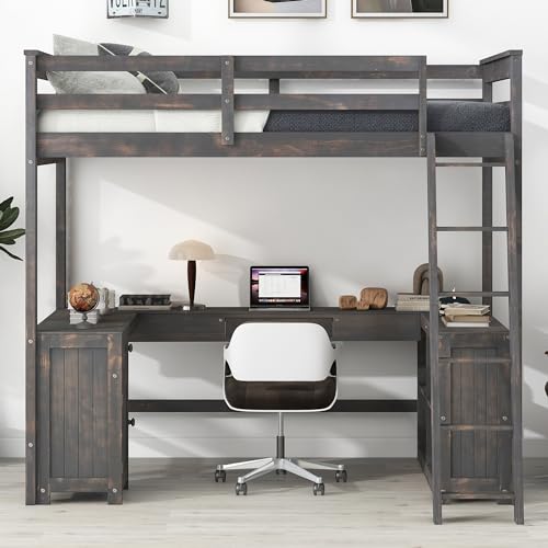 Full Size Solid Wood Loft Bed with Desk and Storage Drawers (White) N219