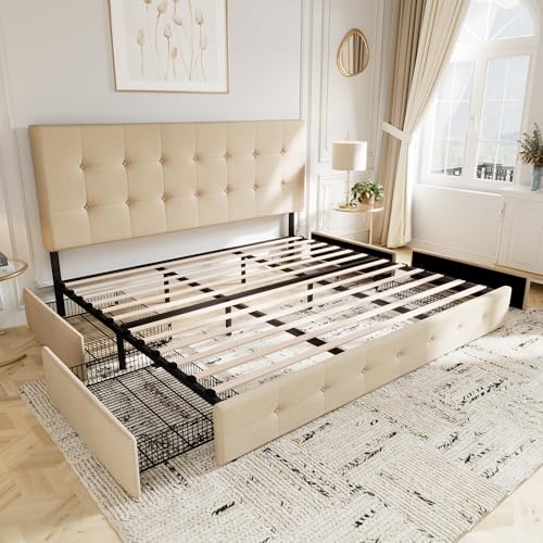 Light Grey Queen Size Platform Bed Frame with 4 Storage Drawers C349556
