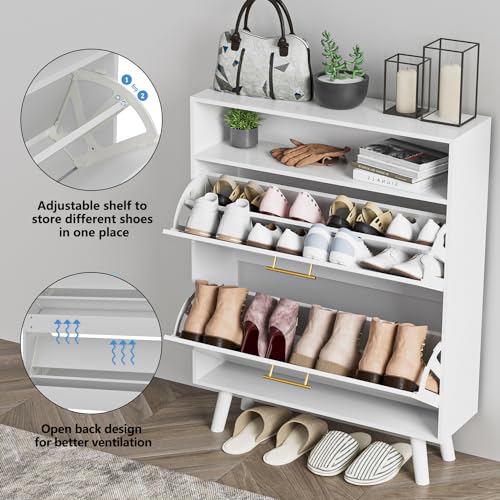 White Slim Shoe Cabinet with 2 Flip Drawers and Open Shelf X3769