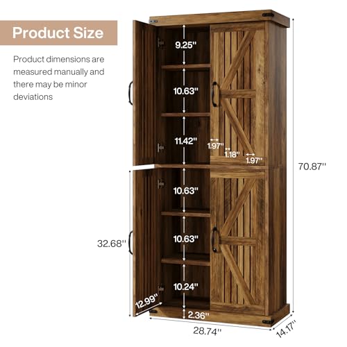 71" Tall Kitchen Pantry, Farmhouse Storage Cabinet with Barn Doors and Adjustable Shelves, Rustic Wooden Cupboard, Brown R807585