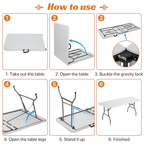White 6 Foot Heavy Duty Plastic Folding Table U72788