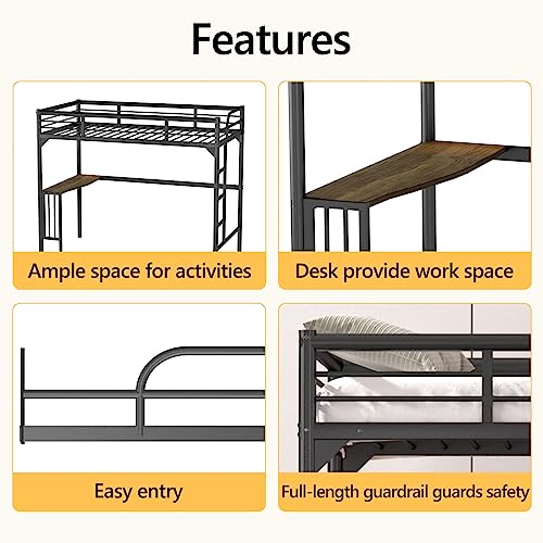 Black Metal Loft Bed Twin Size with Desk and Ladder D909881