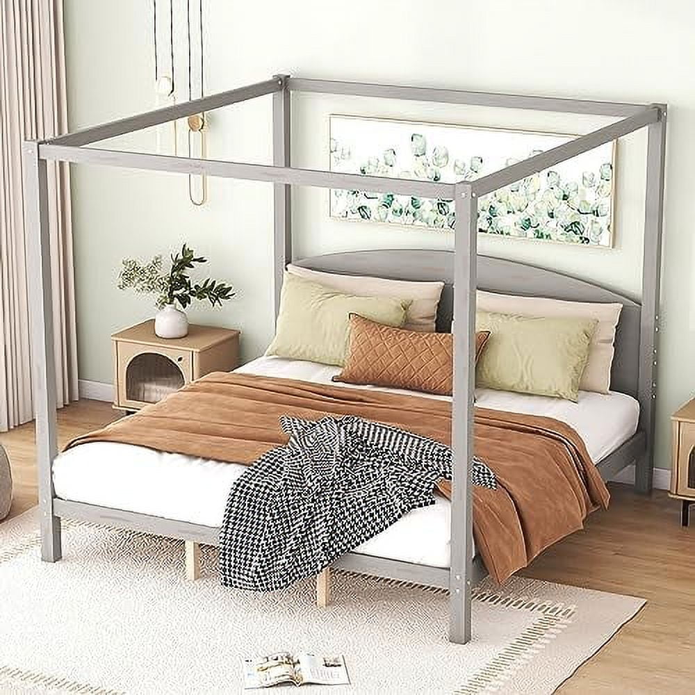 White Queen Size 4-Poster Wood Canopy Bed Frame with Headboard M989223