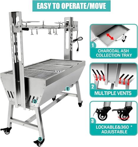 Stainless Steel Charcoal Spit Rotisserie Roaster Grill with Back Cover Guard and Baffle T220086