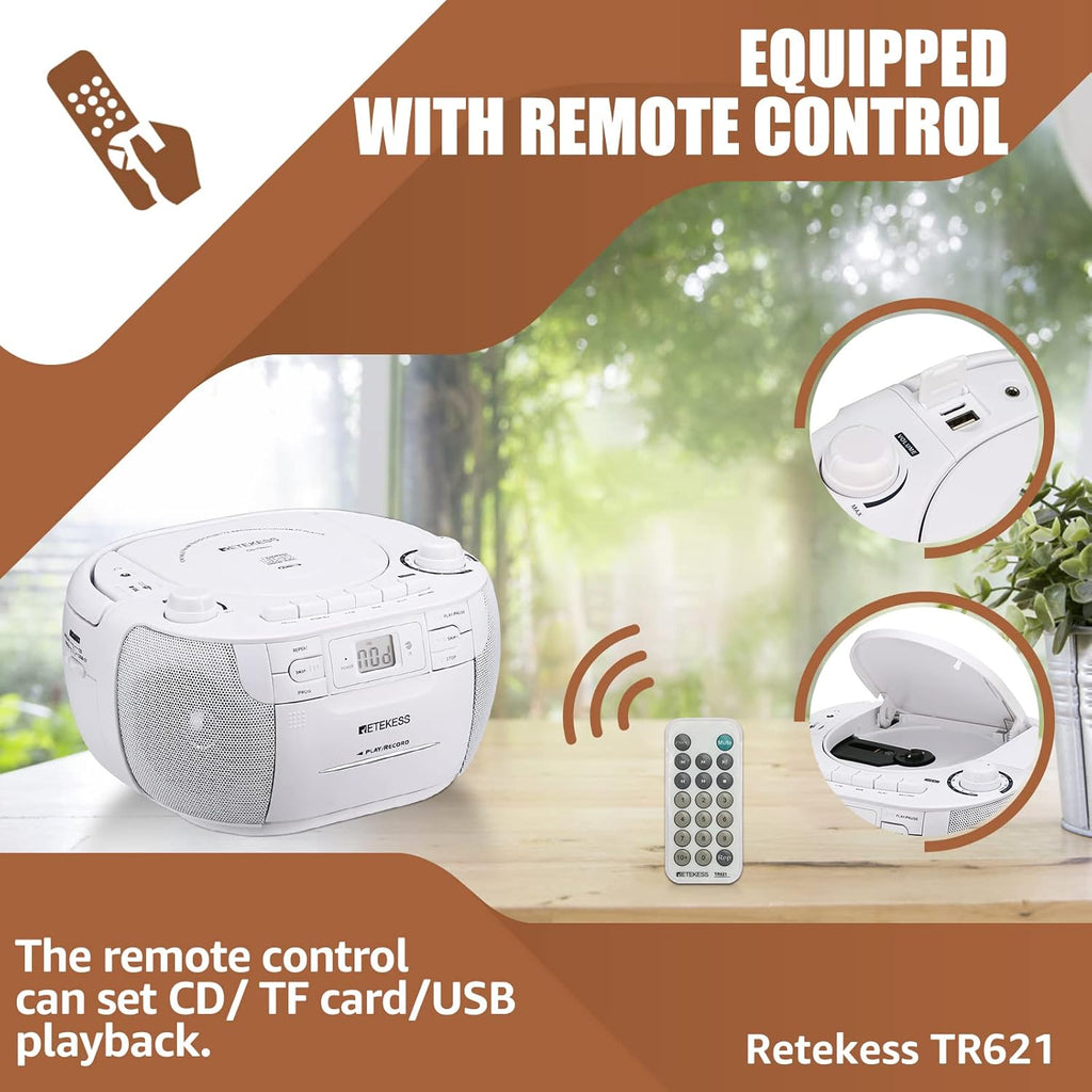 White Portable CD and Cassette Player Boombox with AM FM Radio O2169
