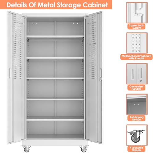 73" H Metal Storage Cabinet with Wheels and Locking Doors P646788