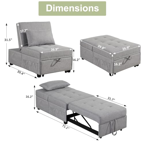 4 in 1 Convertible Linen Fabric Sleeper Chair Bed Ottoman with Adjustable Backrest & Pillow W621846