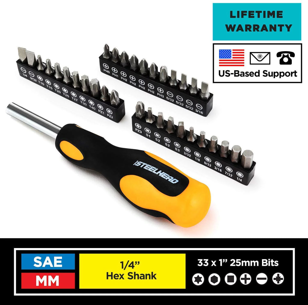 62-Piece Tool Set with Screwdriver Handle, 33 Bits, Pliers, Tape Measure, Torpedo Level, Hammer, Scissors, Wrench, Reinforced Case I77719