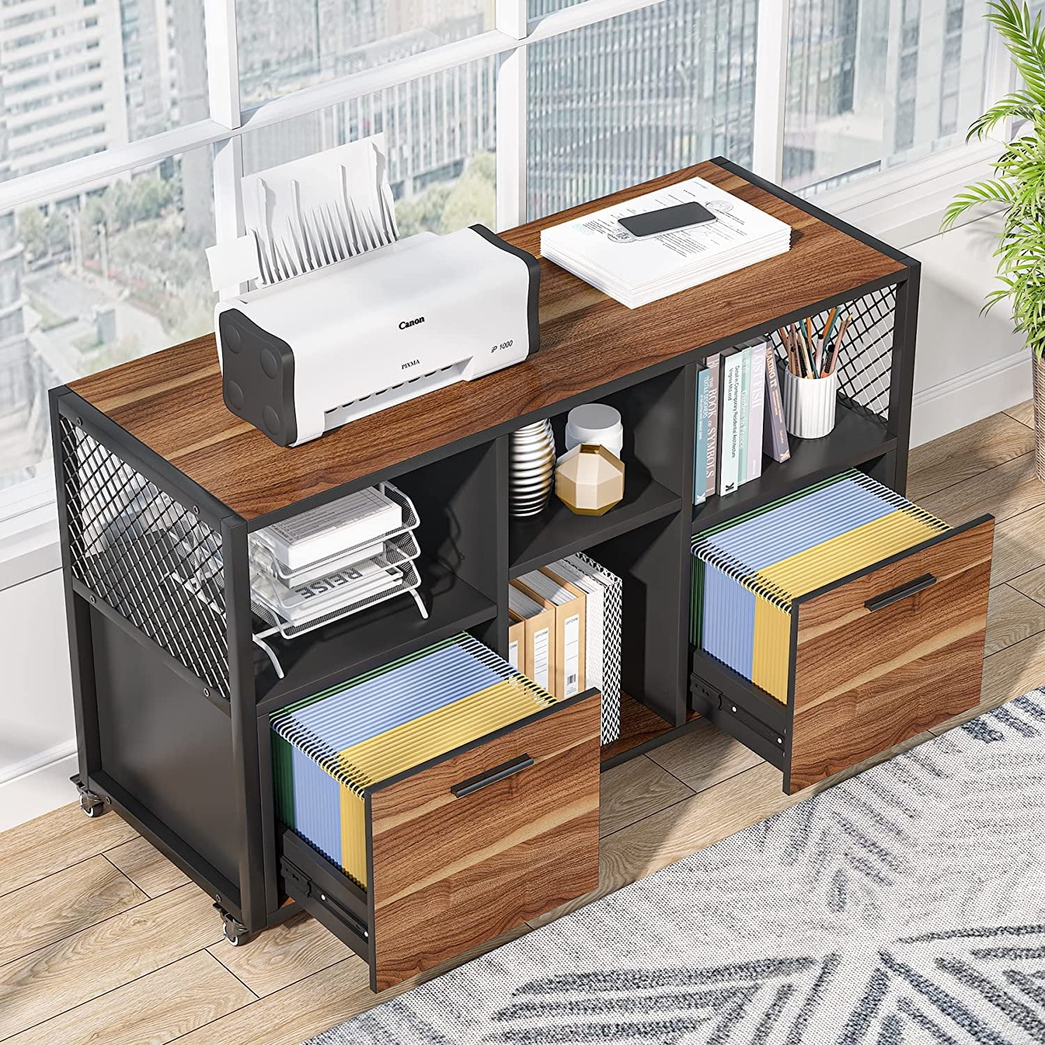2 Drawer Rustic Brown Wood Lateral File Cabinet J47841