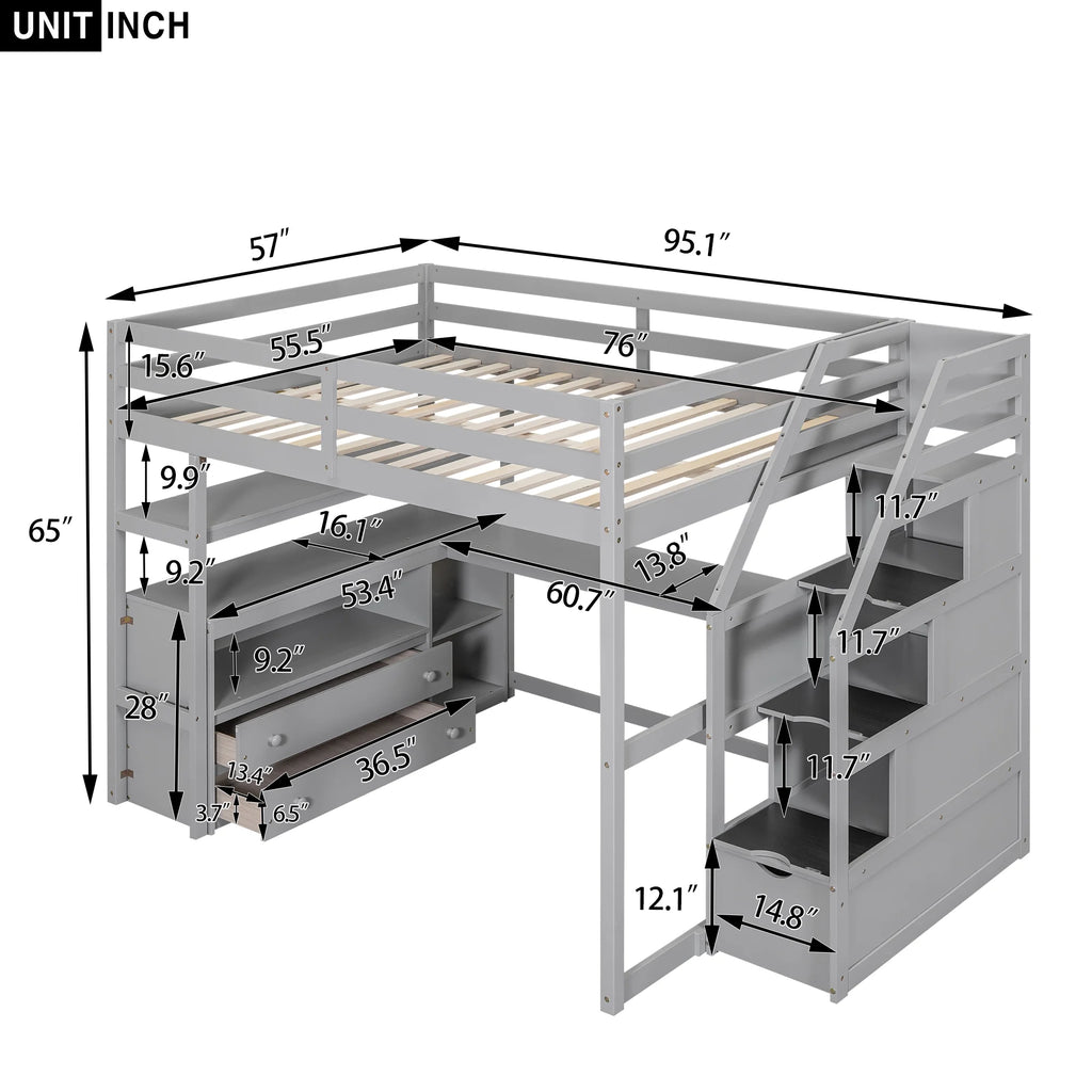 Full Wood Loft Bed with Desk, Storage Stairs, Two Drawers T505595