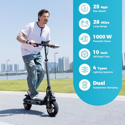 Electric Scooter with 1000W Motor, 28 MPH, 10" Pneumatic Tires, Foldable Handlebar W652937