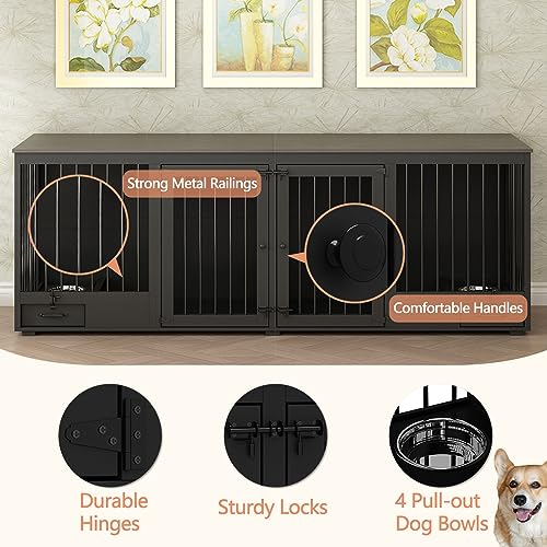 Black Heavy Duty Wooden Dog Crate with Dog Bowl Drawers & Divider L82682