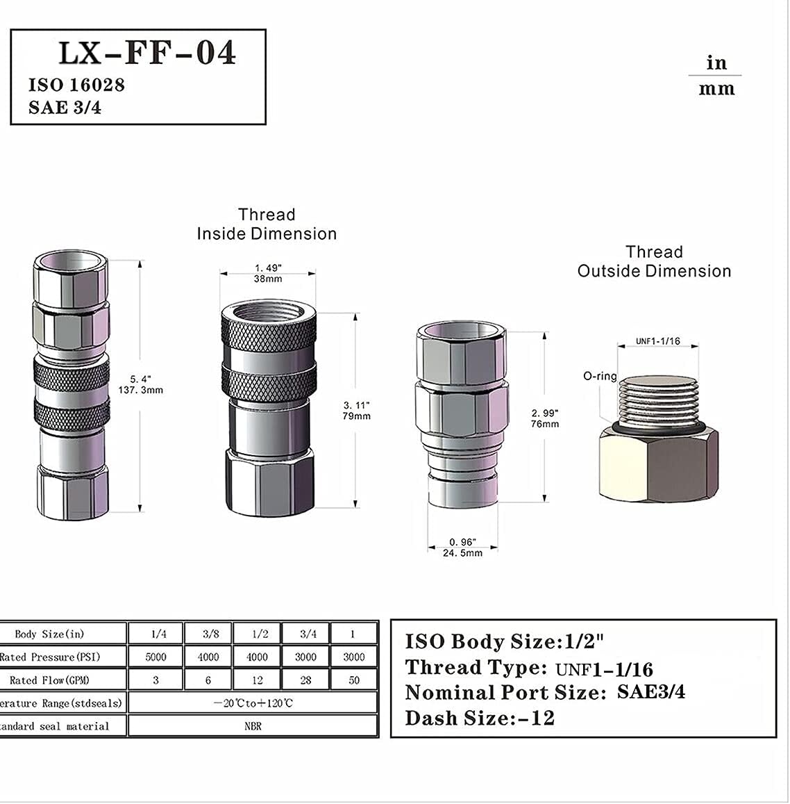 3/4'' SAE-12 UNF1-1/16 Flat Face Hydraulic Quick Connect Coupling, 1/2 Body, Pack of 2 U818190