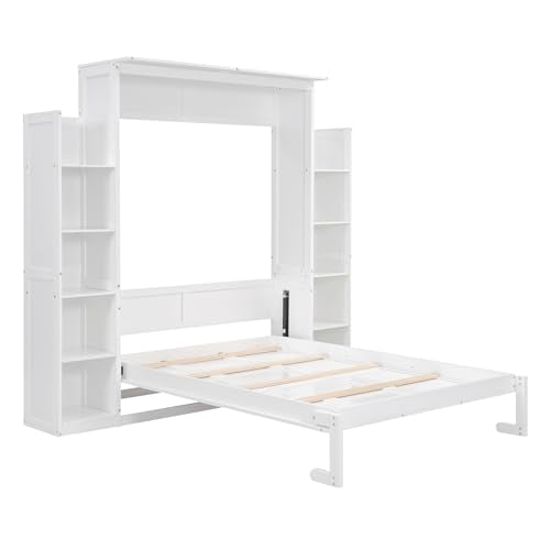 White Full Size Wood Murphy Bed with Shelves and Led Lights M5613