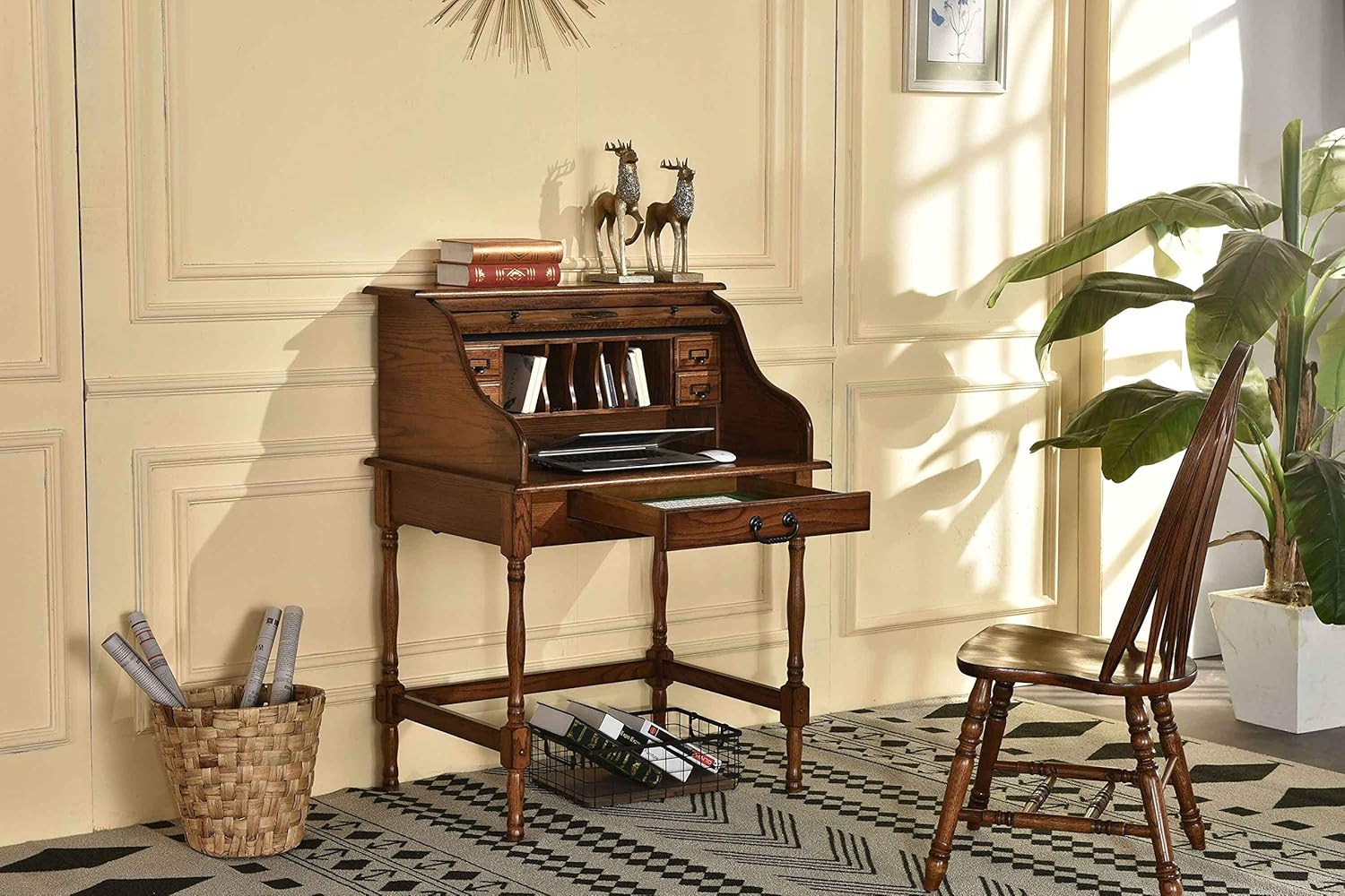 Mini Roll Top Desk Solid Oak Wood Burnished Walnut Finish O82409