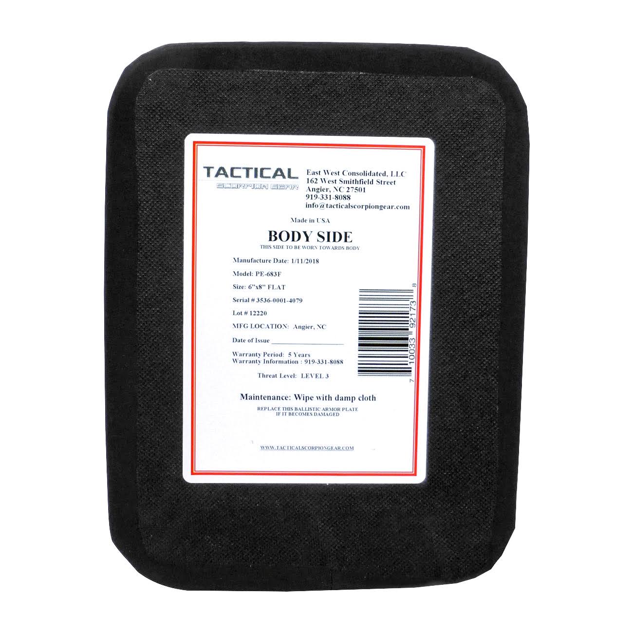 Level III+ PE Polyethylene Single Curve Body Armor 6x8 Plate I348570