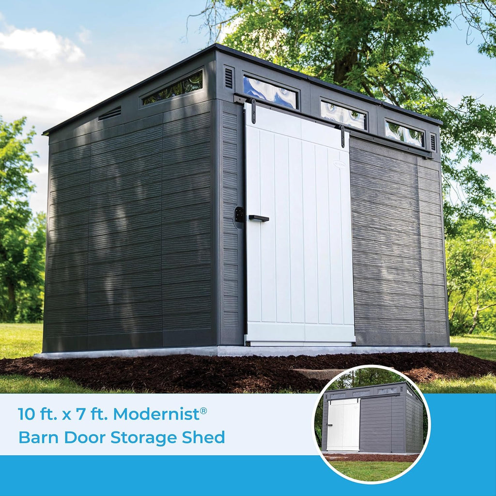 Gray and Black 10 Foot by 7 Foot Outdoor Plastic Storage Shed with Sliding Barn Door C610832
