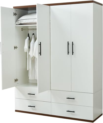 White 4 Door Wood Armoire Wardrobe with 2 Hanging Rods and 2 Drawers H6894