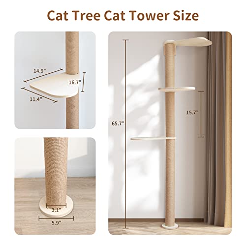 Wood Cat Tower Floor to Ceiling Adjustable with Natural Sisal Rope F77209
