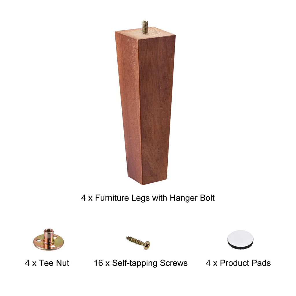 8 Inch Set of 4 Square Solid Wood Couch Legs, Brown E128