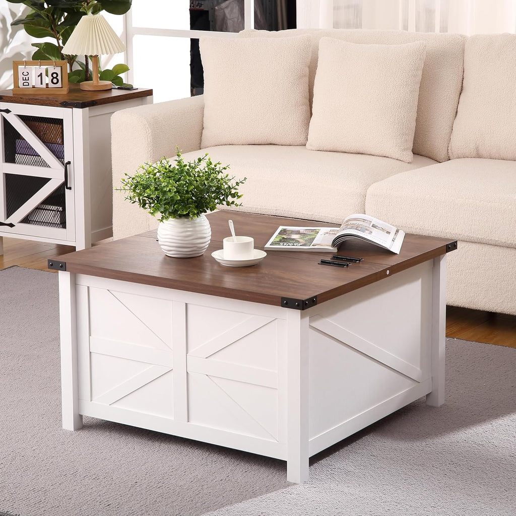 Farmhouse Square Coffee Table with Large Hidden Storage Compartment T26747