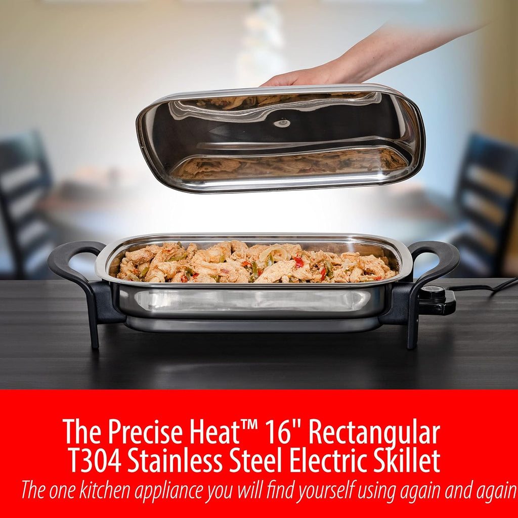 16-Inch Rectangular Stainless Steel Electric Skillet with Lid E5866