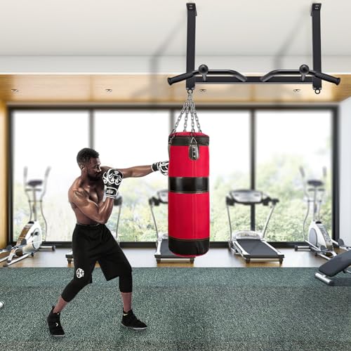 32" Ceiling Mounted Heavy Duty Pull Up Bar with Punching Bag Hanger and Resistance Bands Q7884