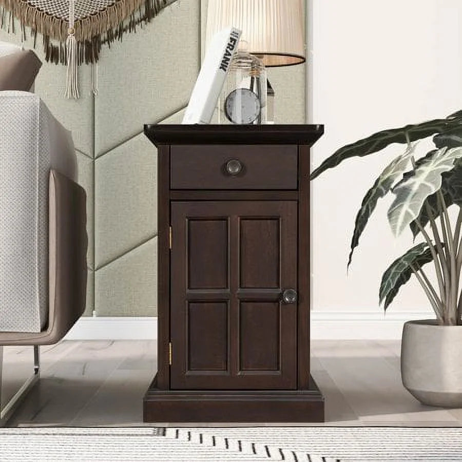 Antique Espresso End Table with USB Ports Drawer and Cup Holders R992052