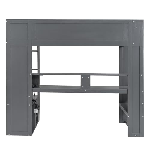 Dark Gray Wood Twin Size Gaming Loft Bed with Desk and Shelves A273908