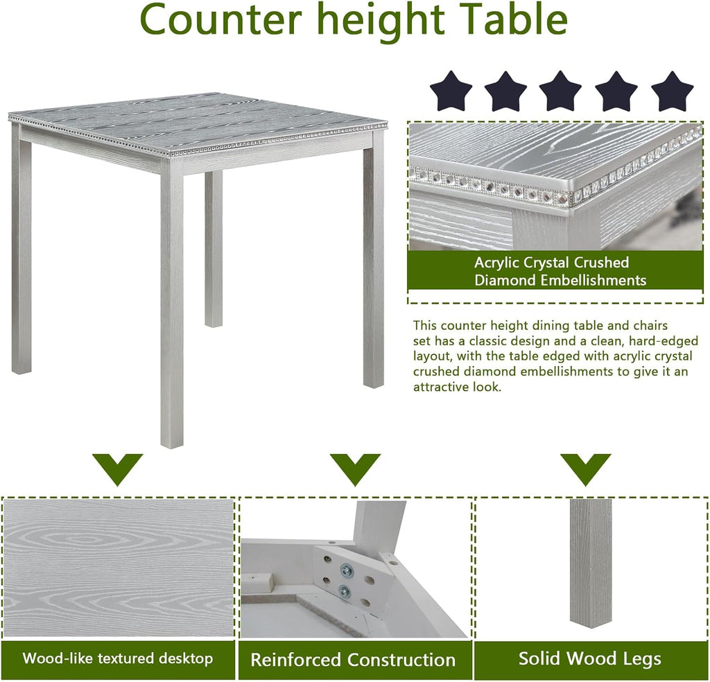 5-Piece Acacia Wood Counter Height Dining Table Set with 4 Upholstered-Seat Chairs B854