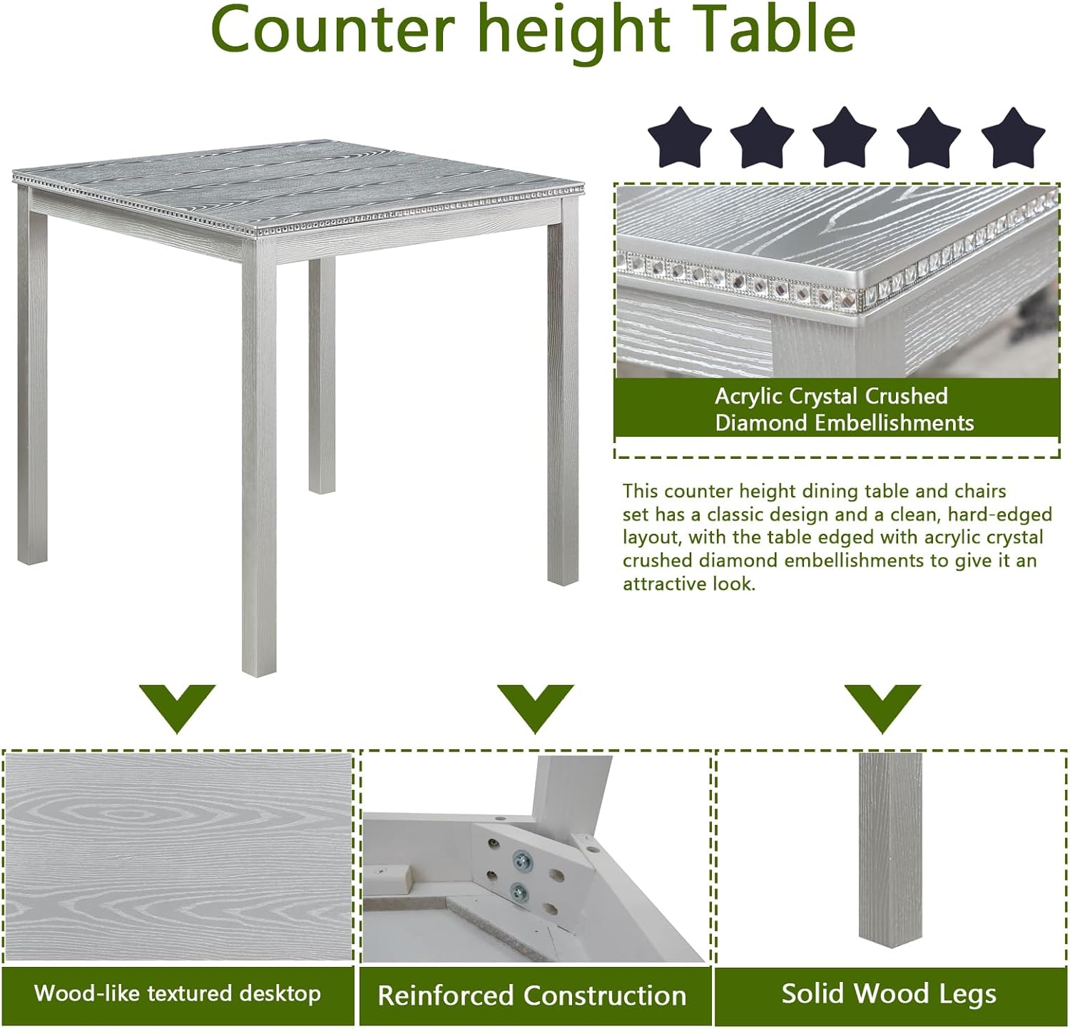 5-Piece Acacia Wood Counter Height Dining Table Set with 4 Upholstered-Seat Chairs B854