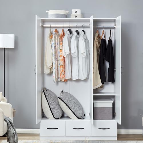 Rattan Armoire Wardrobe Closet Wood 71" Tall with 3 Doors 4 Drawers Mirror Hanging Rod and Shelves X5068