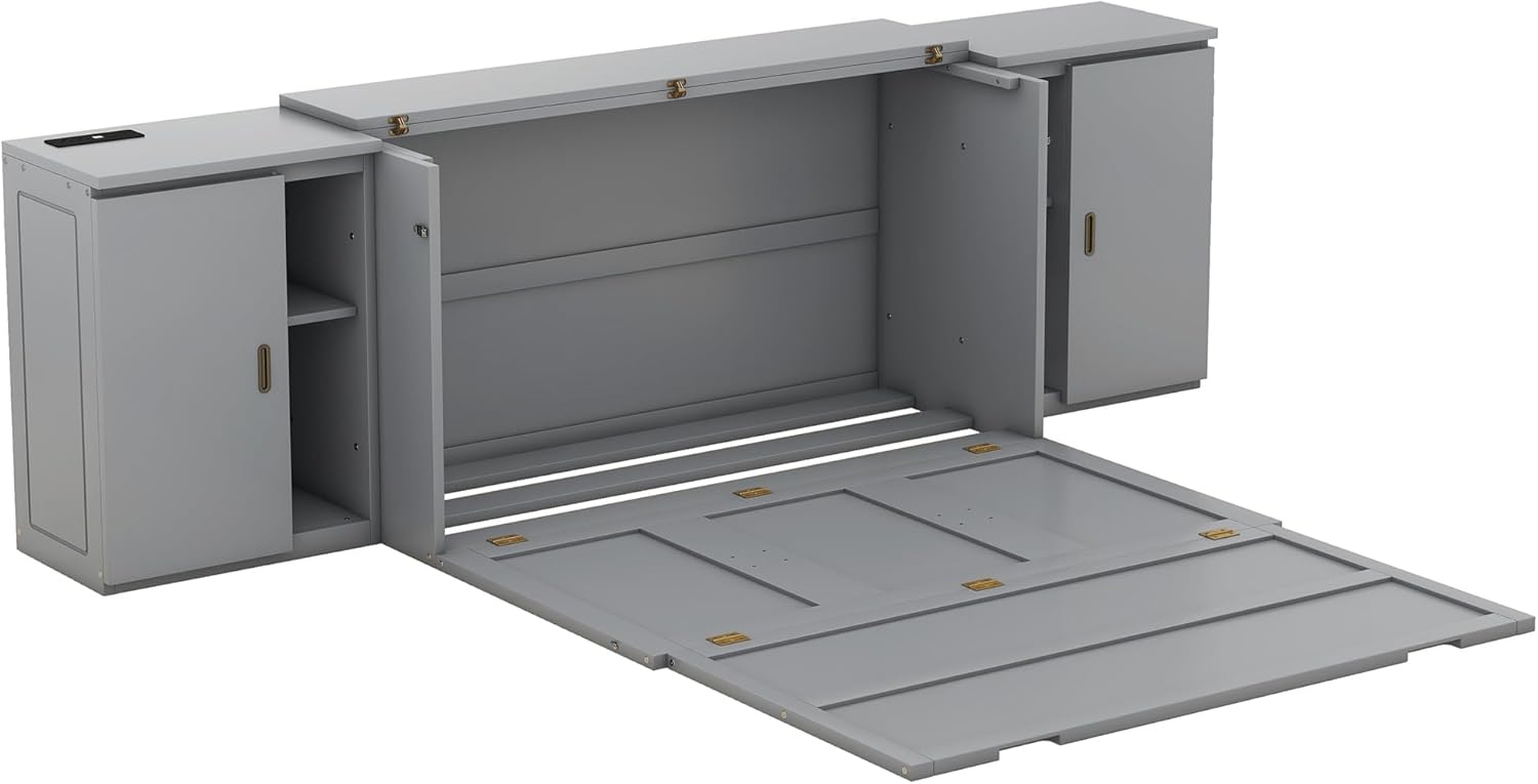 Queen Size Gray Murphy Wall Bed with Shelves and Cabinets H996205